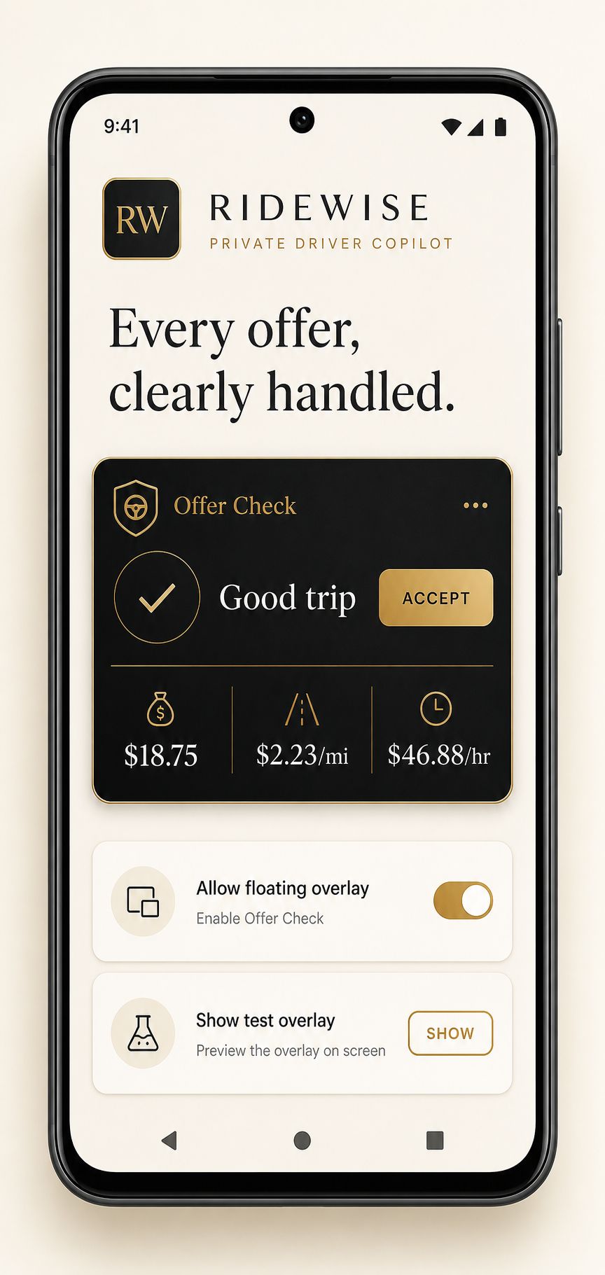 RideWise Android app showing a Good trip offer opinion